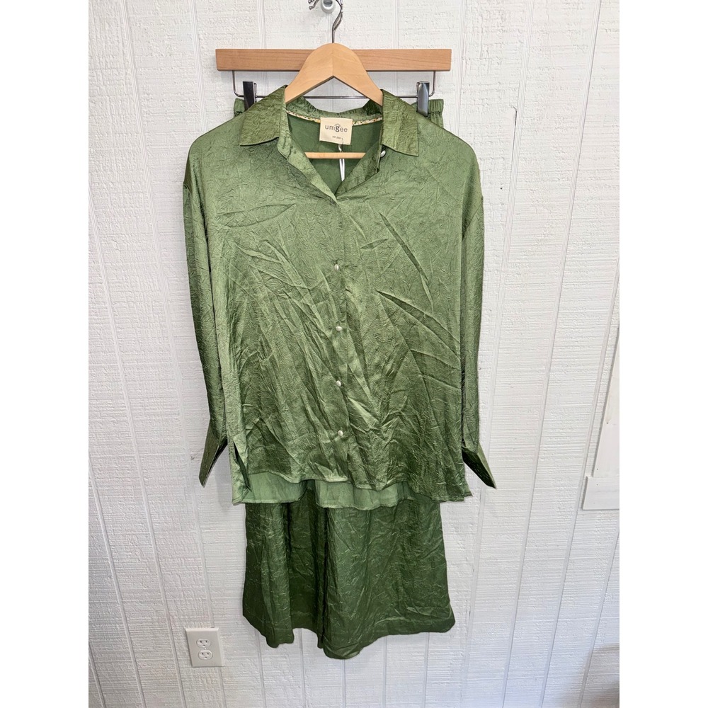 Umgee Set Women Sage Green Crushed Satin Button Down Wide Leg New Size S/M